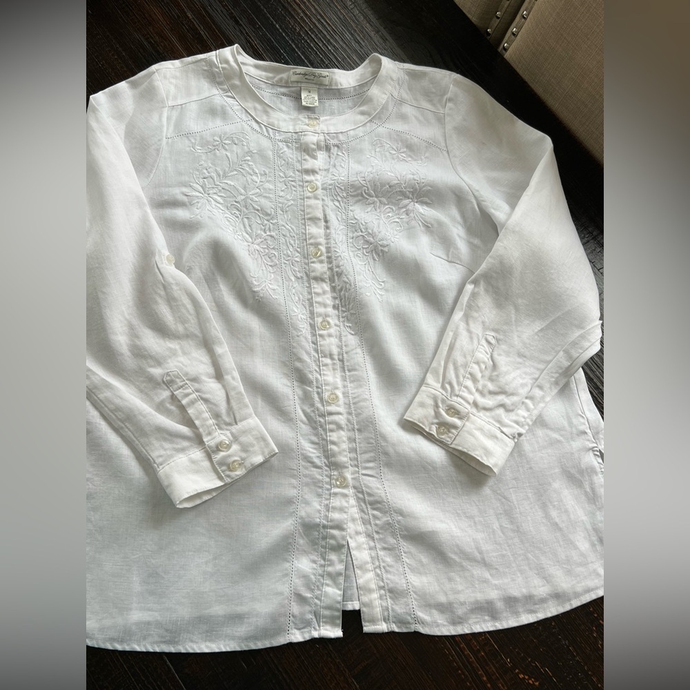 Cambridge Dry Goods White 100% Linen Floral Embroidered Button Down Shirt 1X - Picture 10 of 15